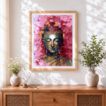 Finished colourful pop art buddha portrait cross stitch artwork displayed
