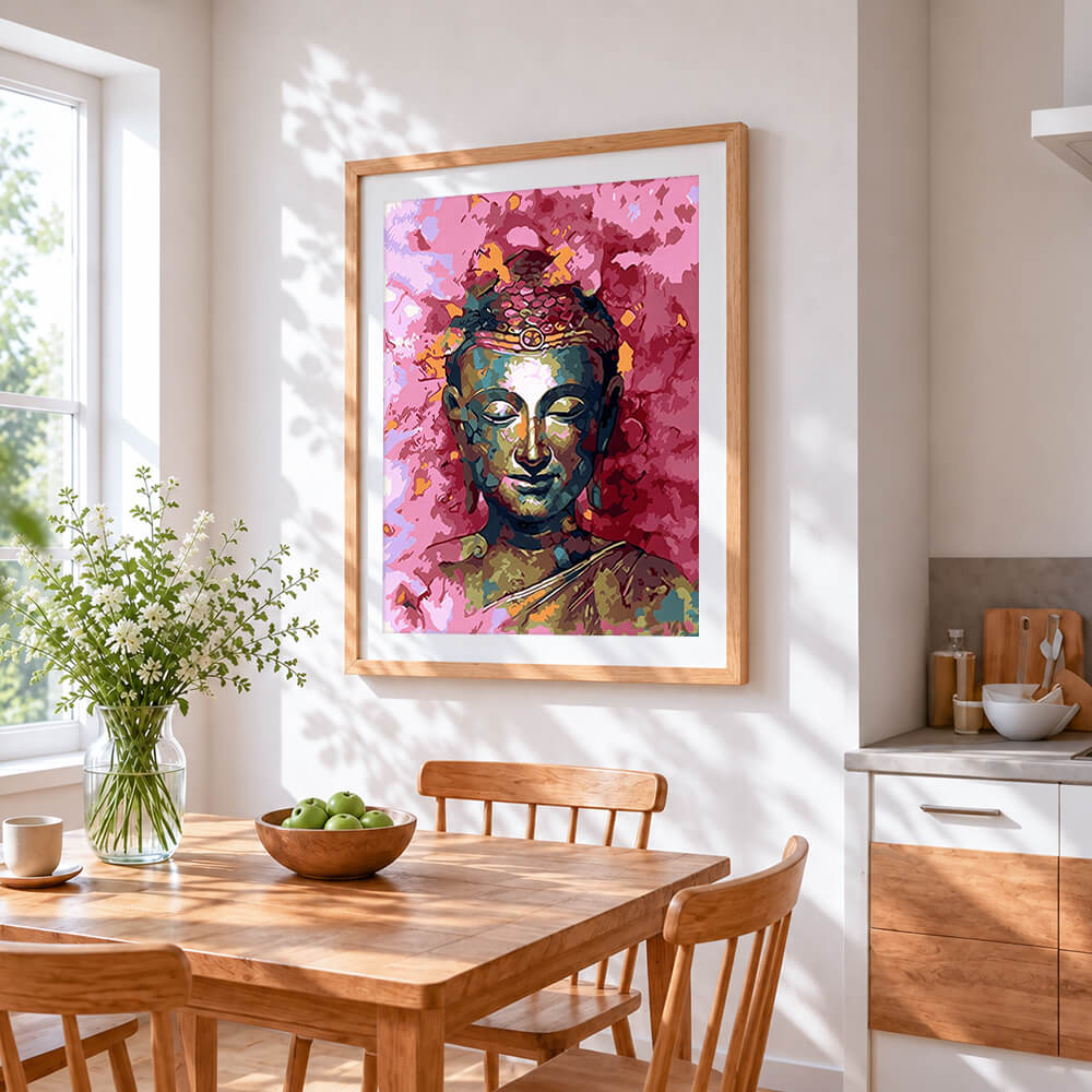 Colourful pop art buddha portrait cross stitch artwork displayed on wall as home decor