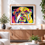 Finished colourful pop art bulldog on black background cross stitch artwork displayed