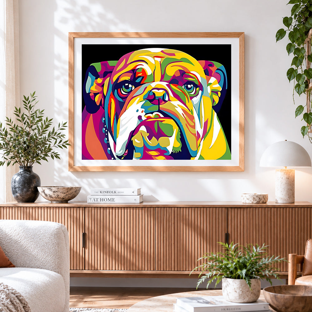 Finished colourful pop art bulldog on black background cross stitch artwork displayed