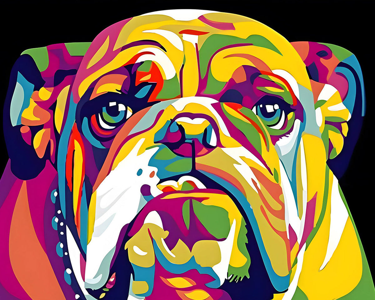 Colourful pop art bulldog on black background cross stitch kit for beginners