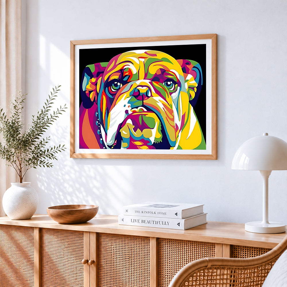 Colourful pop art bulldog on black background cross stitch artwork displayed on wall as home decor