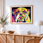 Colourful pop art bulldog on black background cross stitch artwork displayed on wall as home decor