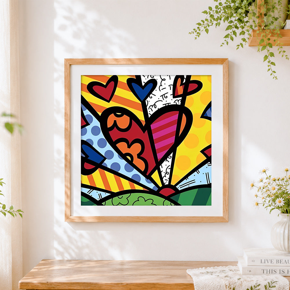 Finished colourful pop art cartoon hearts paint by numbers artwork displayed as home decor