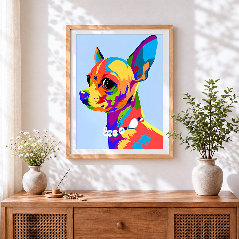 Finished colourful pop art chihuahua cross stitch artwork displayed