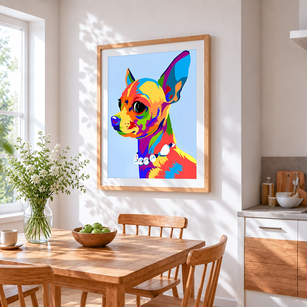 Colourful pop art chihuahua cross stitch artwork displayed on wall as home decor