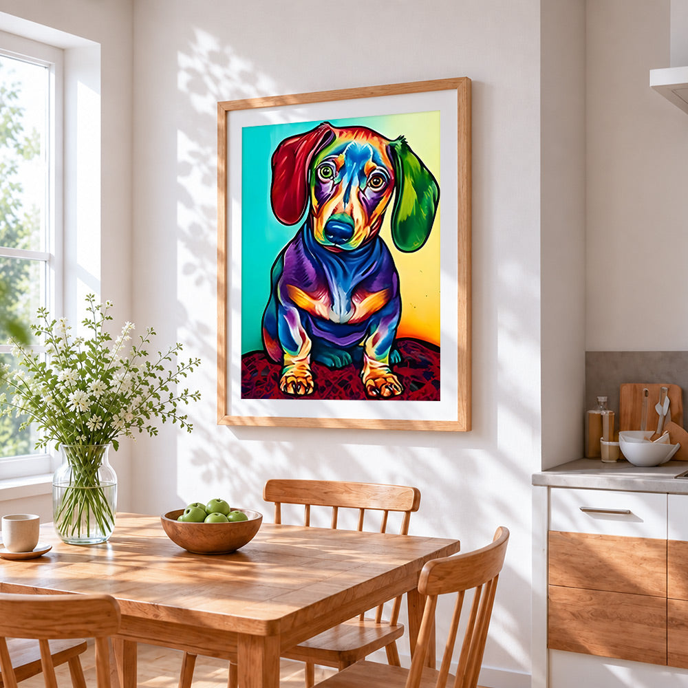 Colourful pop art dachshund cross stitch artwork displayed on wall as home decor