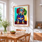 Colourful pop art dachshund cross stitch artwork displayed on wall as home decor