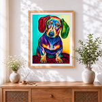 Finished colourful pop art dachshund paint by numbers artwork displayed as home decor