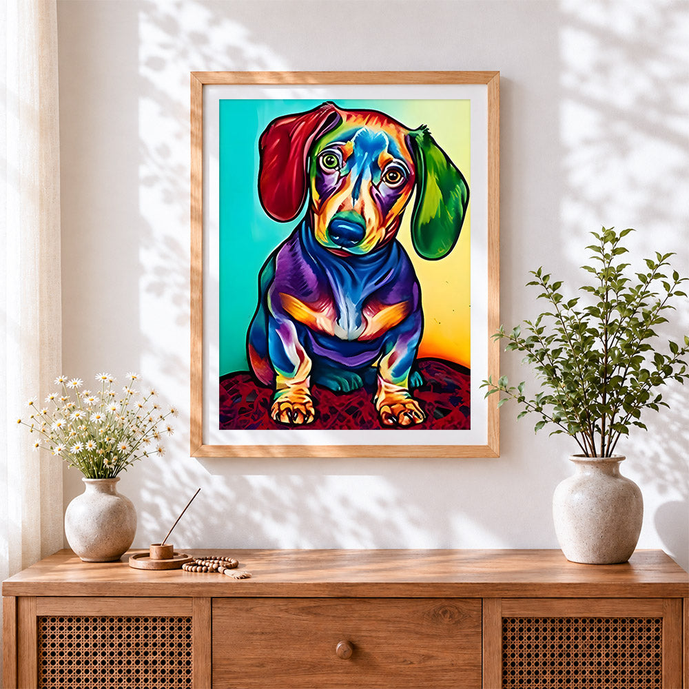 Finished colourful pop art dachshund paint by numbers artwork displayed as home decor