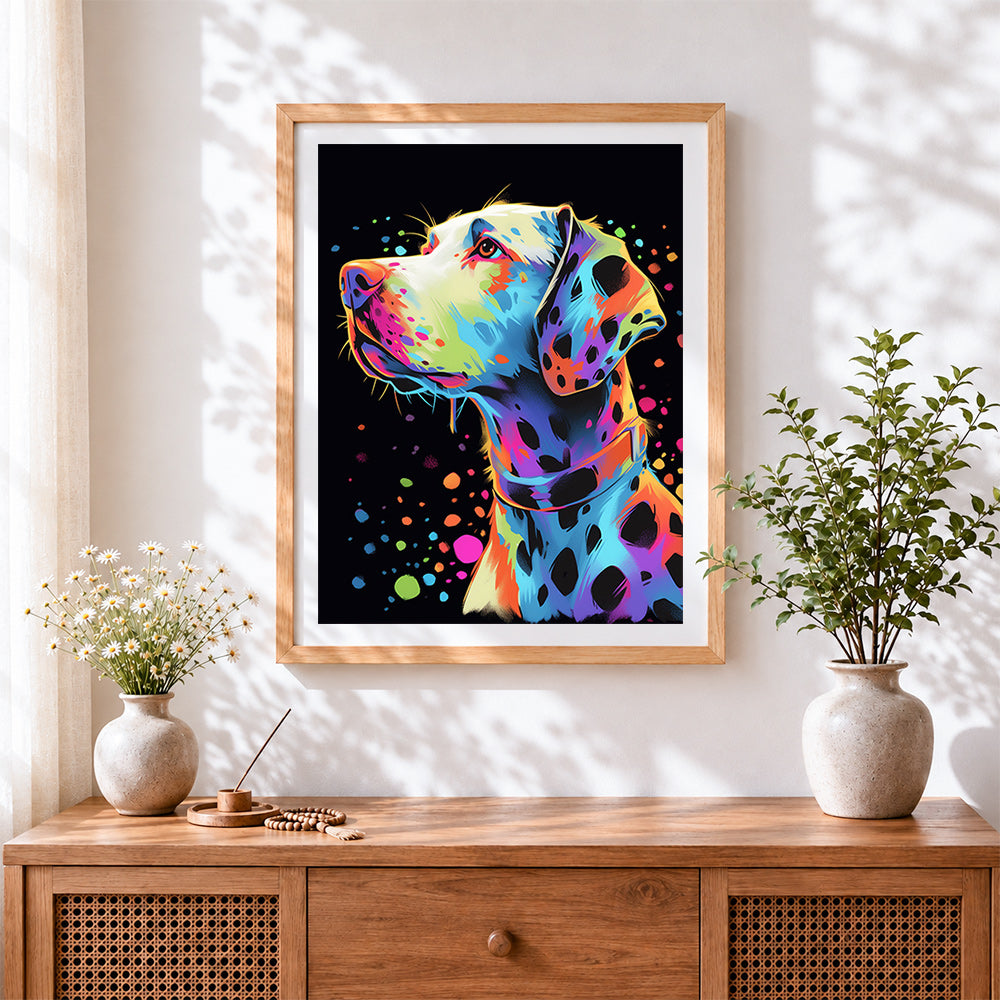 Finished colourful pop art dalmatian cross stitch artwork displayed