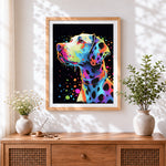 Finished colourful pop art dalmatian cross stitch artwork displayed