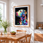 Colourful pop art dalmatian cross stitch artwork displayed on wall as home decor