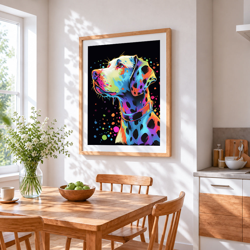 Colourful pop art dalmatian cross stitch artwork displayed on wall as home decor
