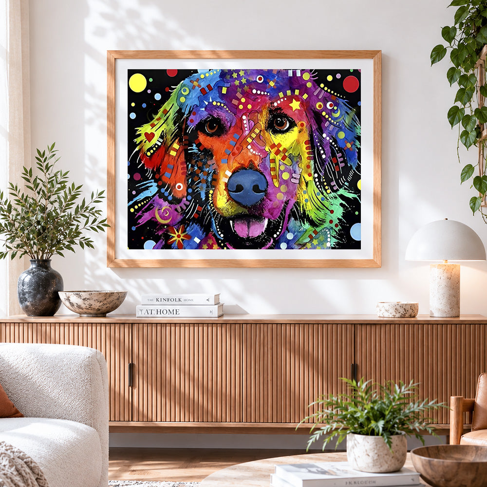 Finished colourful pop art dog with doodles cross stitch artwork displayed