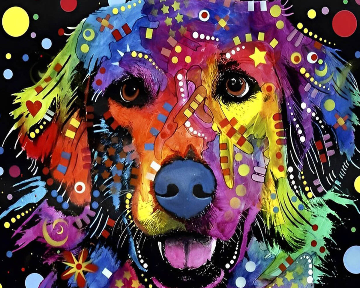Colourful pop art dog with doodles cross stitch kit for beginners