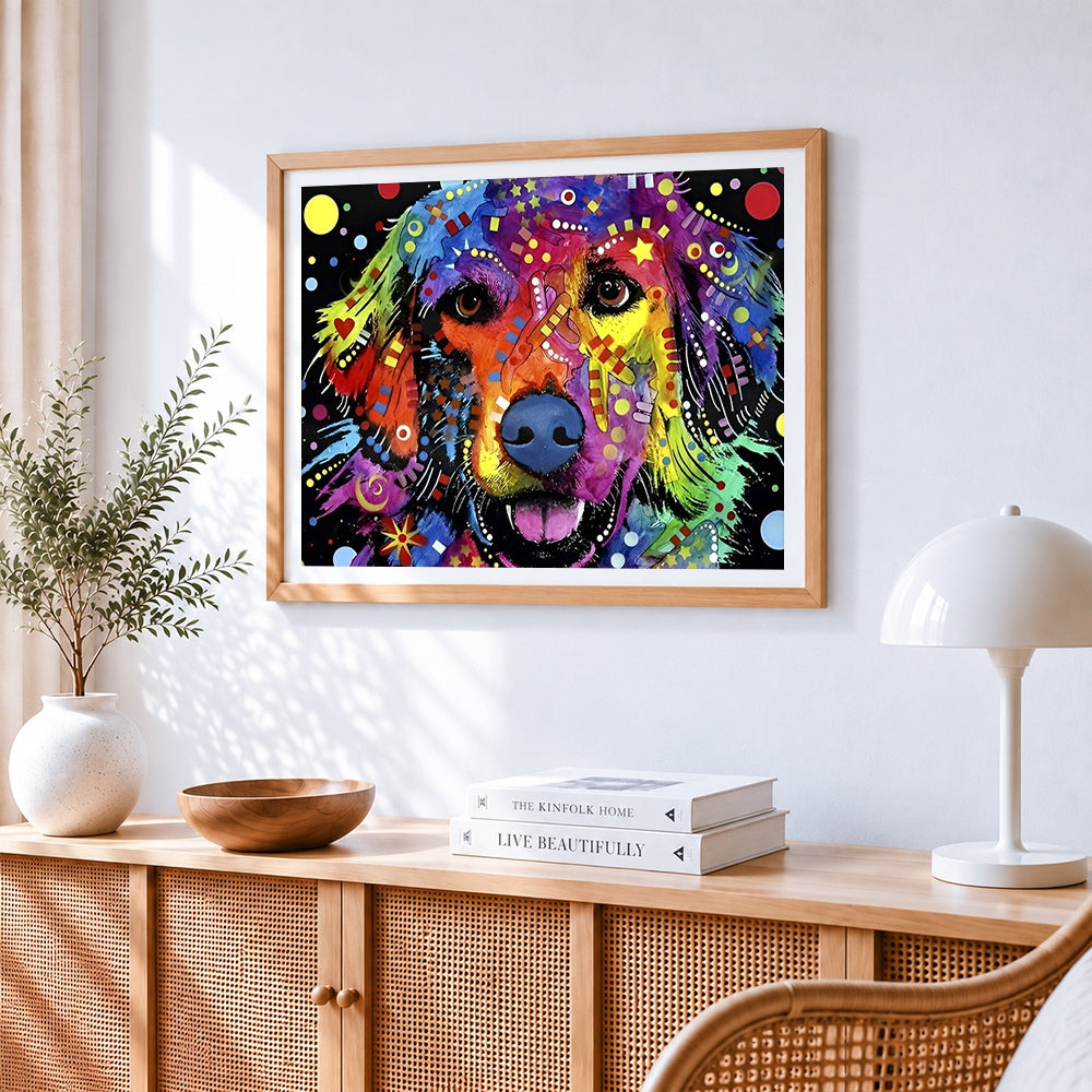 Colourful pop art dog with doodles cross stitch artwork displayed on wall as home decor