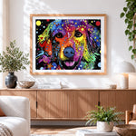 Finished colourful pop art dog with doodles paint by numbers artwork displayed as home decor