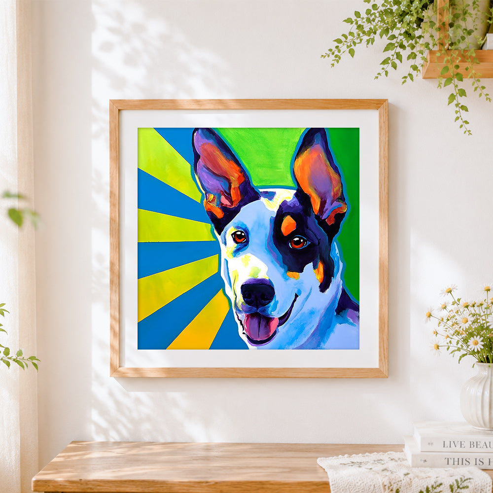Finished colourful pop art dog with sunburst cross stitch artwork displayed