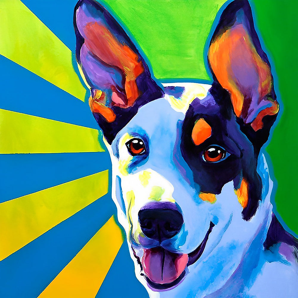 Colourful pop art dog with sunburst cross stitch kit for beginners