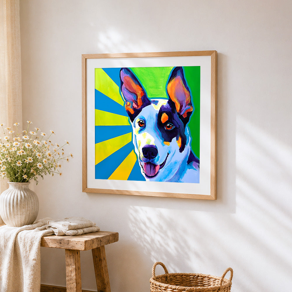 Colourful pop art dog with sunburst cross stitch artwork displayed on wall as home decor