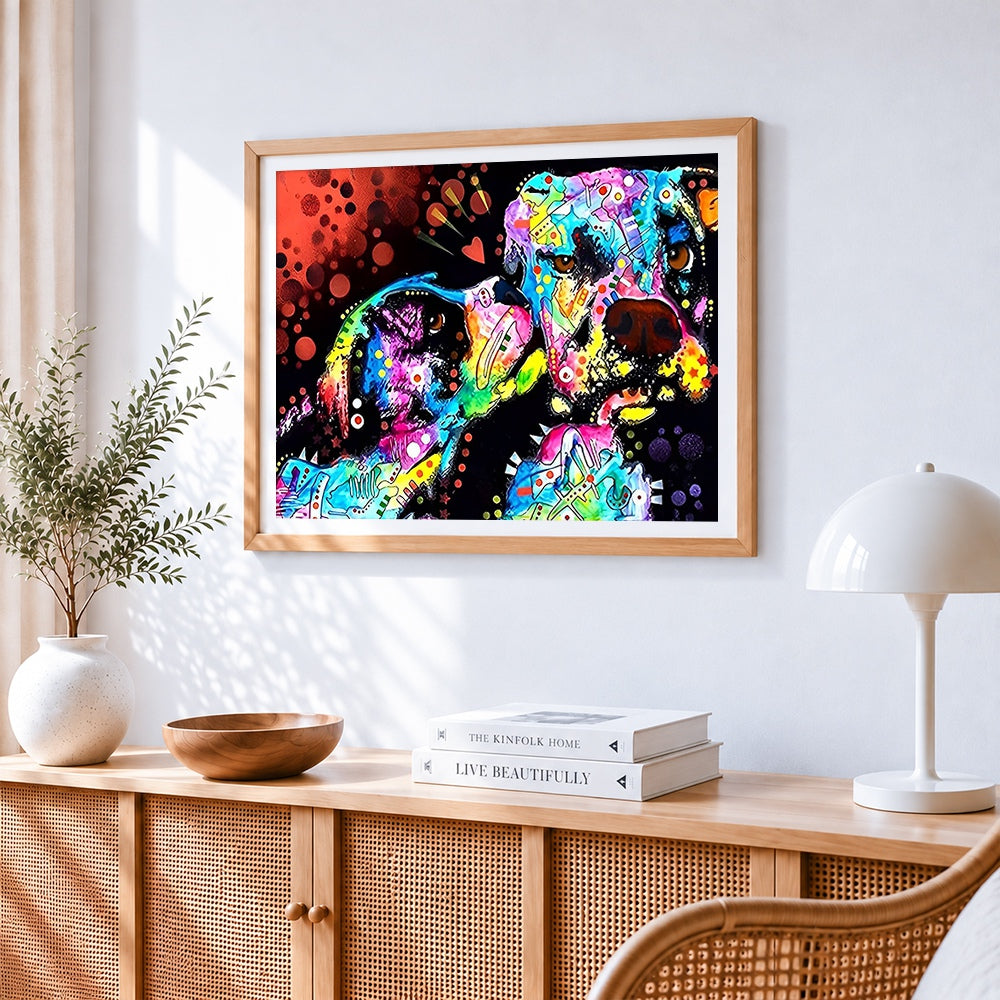 Colourful pop art dogs in love cross stitch artwork displayed on wall as home decor