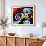 Colourful pop art dogs in love cross stitch artwork displayed on wall as home decor
