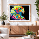 Finished colourful pop art eagle on black background cross stitch artwork displayed