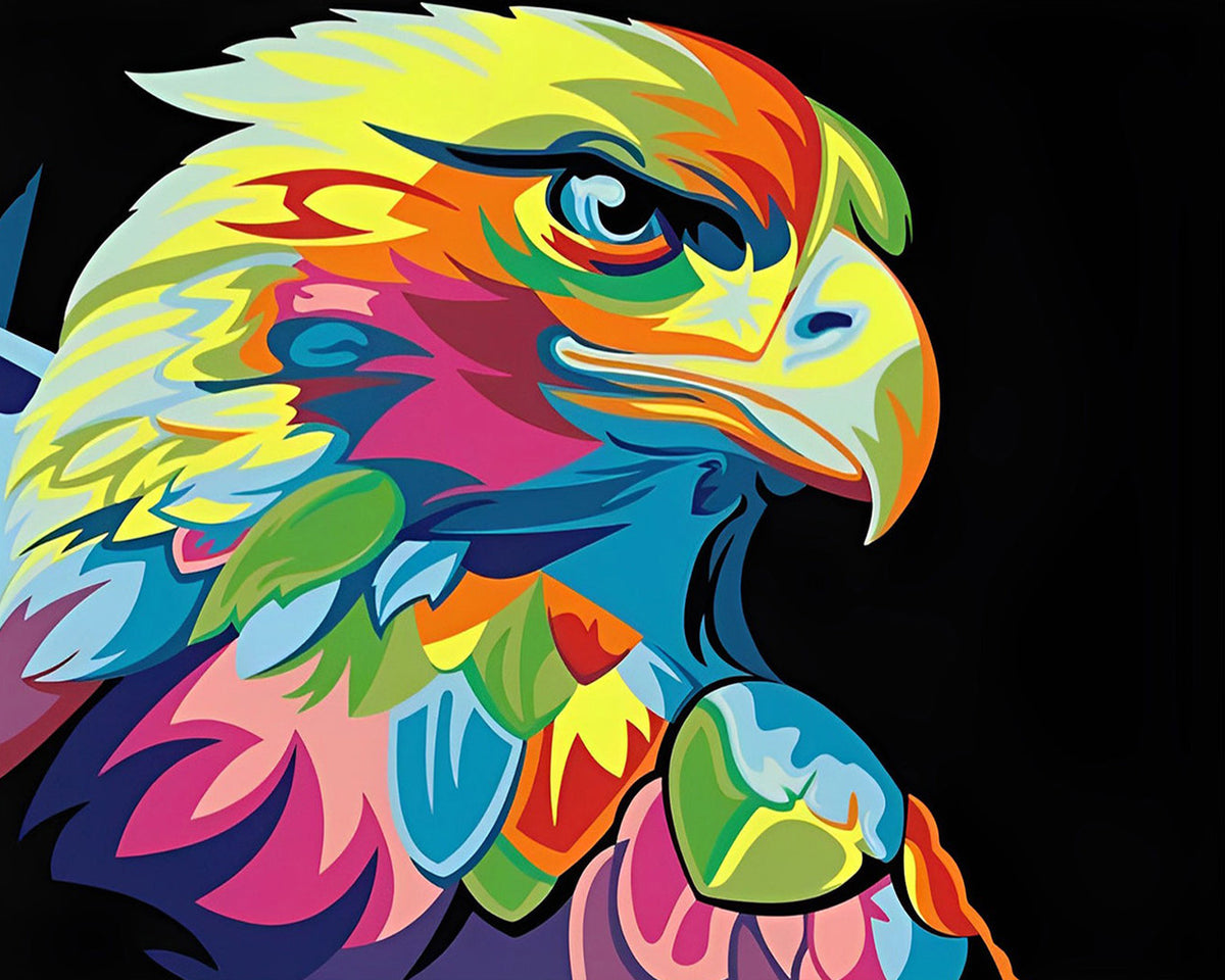 Colourful pop art eagle on black background cross stitch kit for beginners