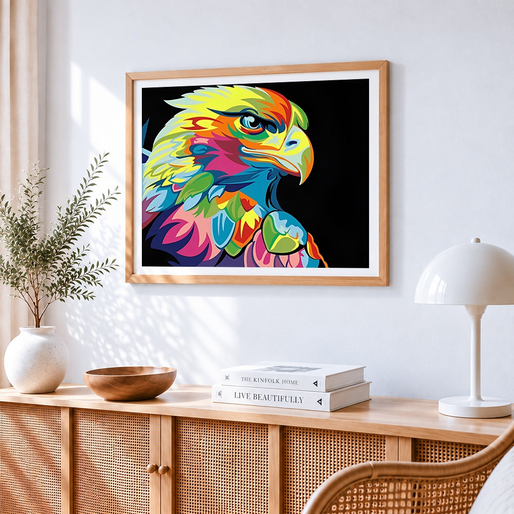 Colourful pop art eagle on black background paint by numbers artwork displayed on wall as home decor