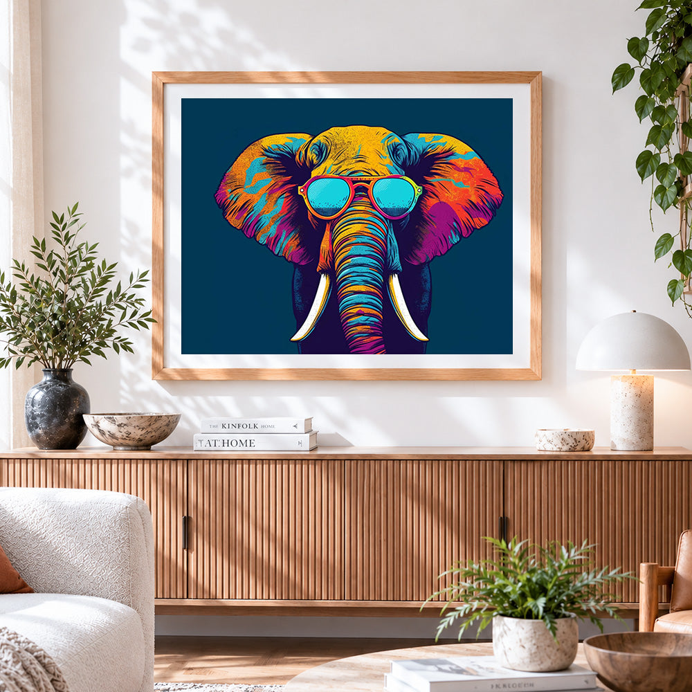 Finished colourful pop art elephant with sunglasses cross stitch artwork displayed