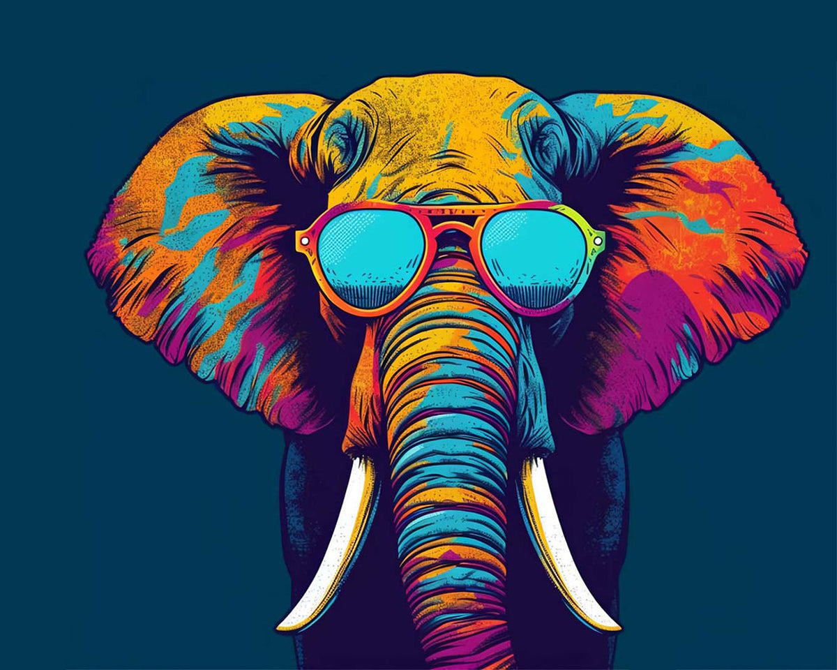 Colourful pop art elephant with sunglasses cross stitch kit for beginners