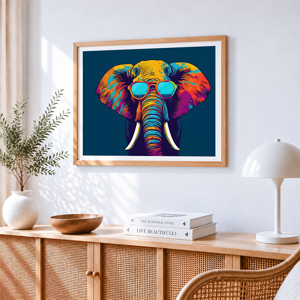 Colourful pop art elephant with sunglasses cross stitch artwork displayed on wall as home decor
