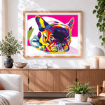 Finished colourful pop art french bulldog cross stitch artwork displayed