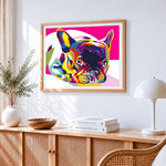 Colourful pop art french bulldog cross stitch artwork displayed on wall as home decor