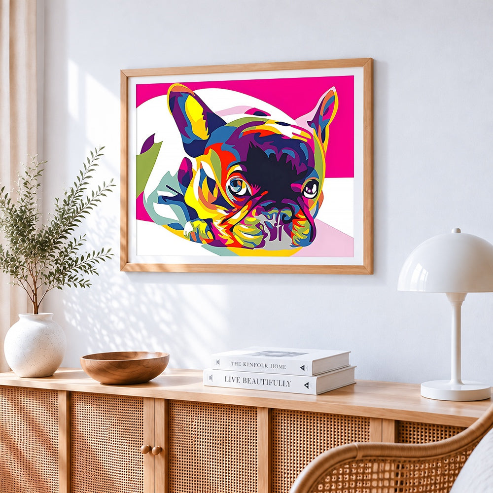 Colourful pop art french bulldog cross stitch artwork displayed on wall as home decor