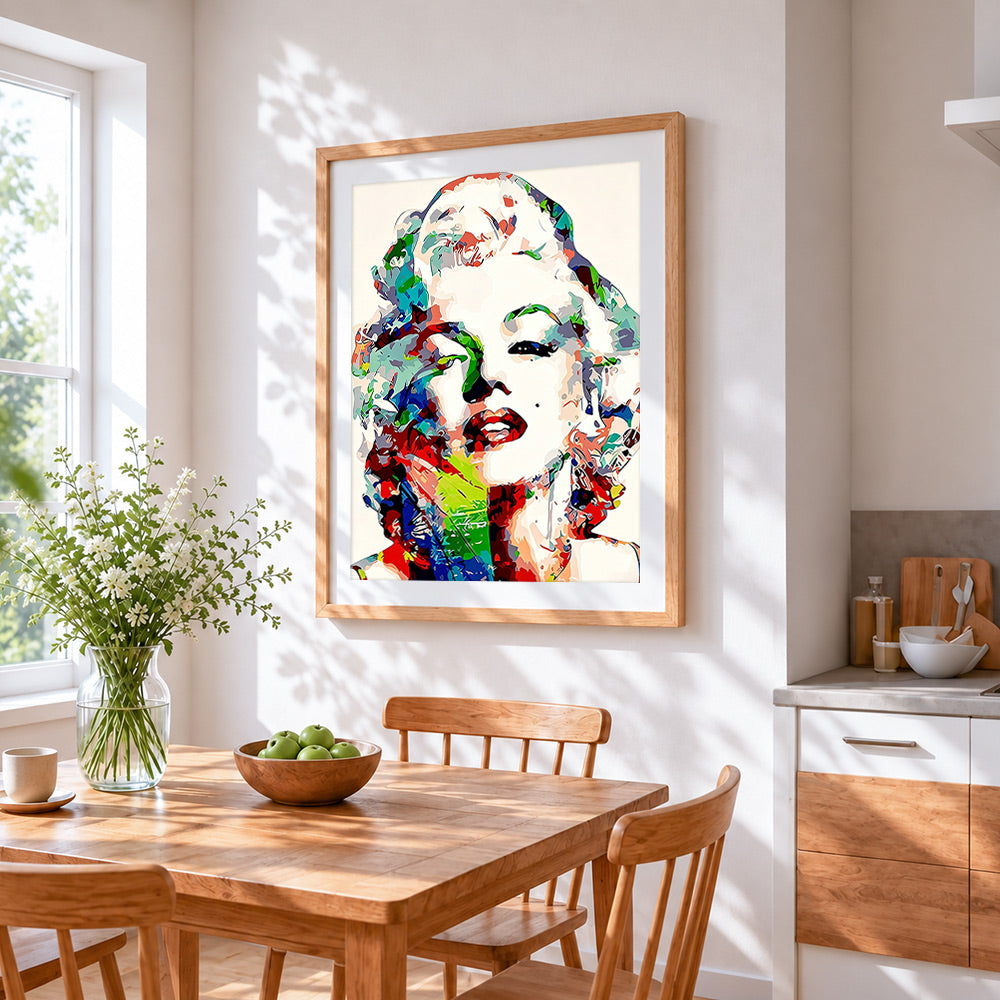 Colourful pop art marilyn monroe cross stitch artwork displayed on wall as home decor
