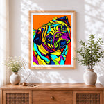 Finished colourful pop art pug cross stitch artwork displayed