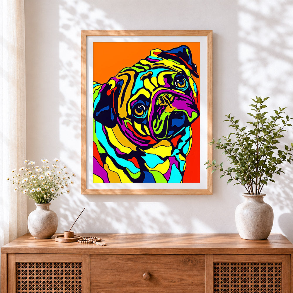 Finished colourful pop art pug cross stitch artwork displayed