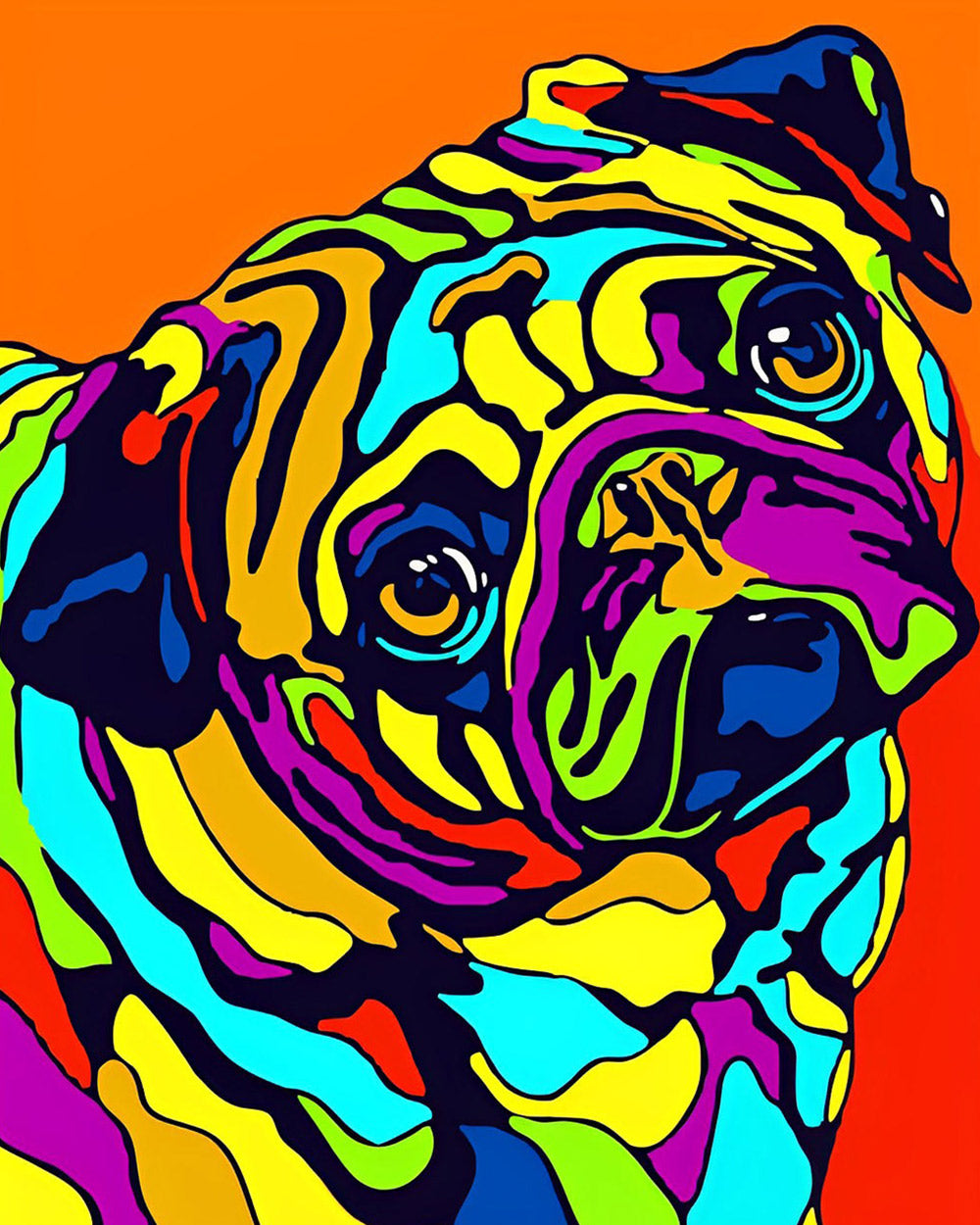 Colourful pop art pug cross stitch kit for beginners