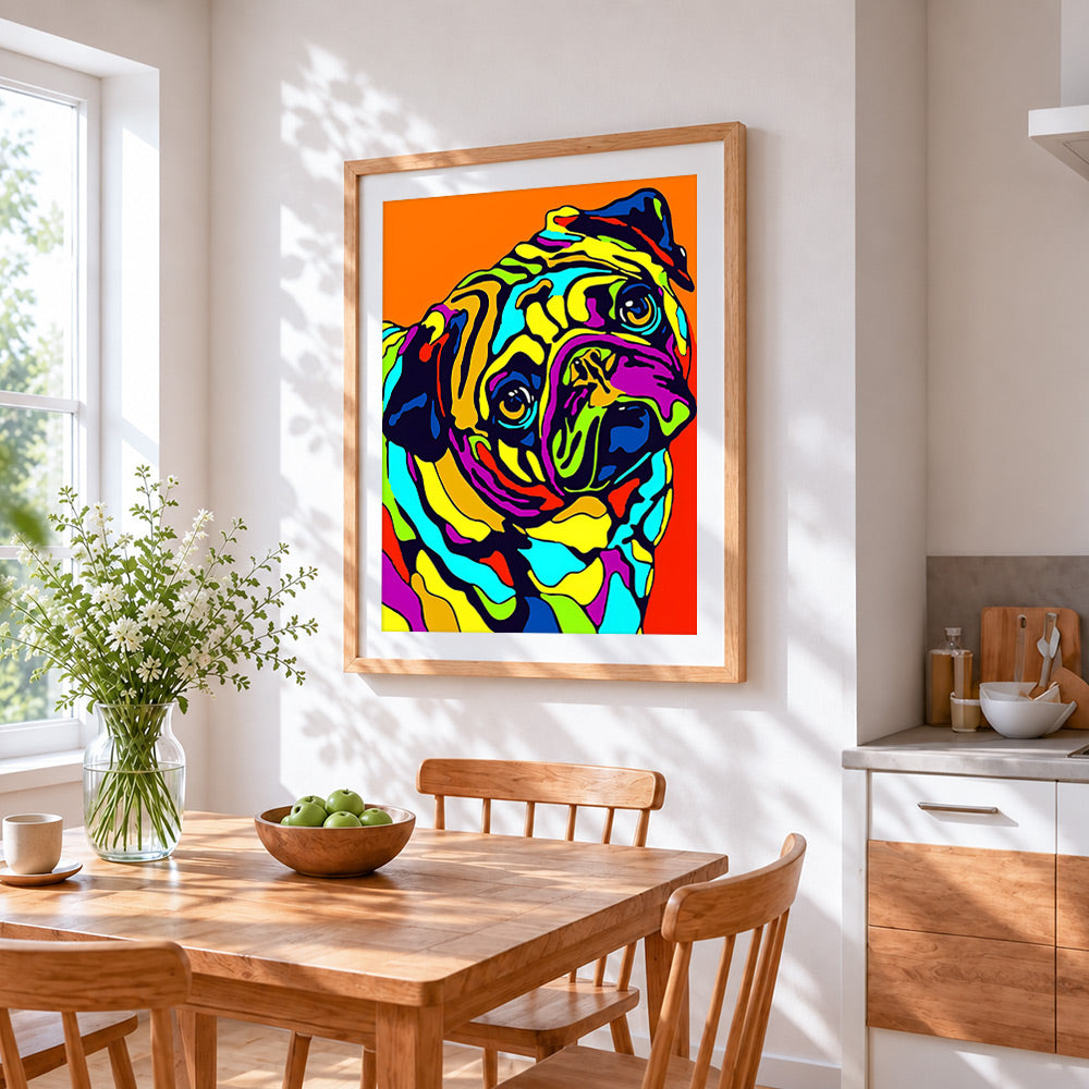 Colourful pop art pug cross stitch artwork displayed on wall as home decor