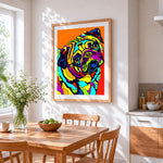 Colourful pop art pug cross stitch artwork displayed on wall as home decor