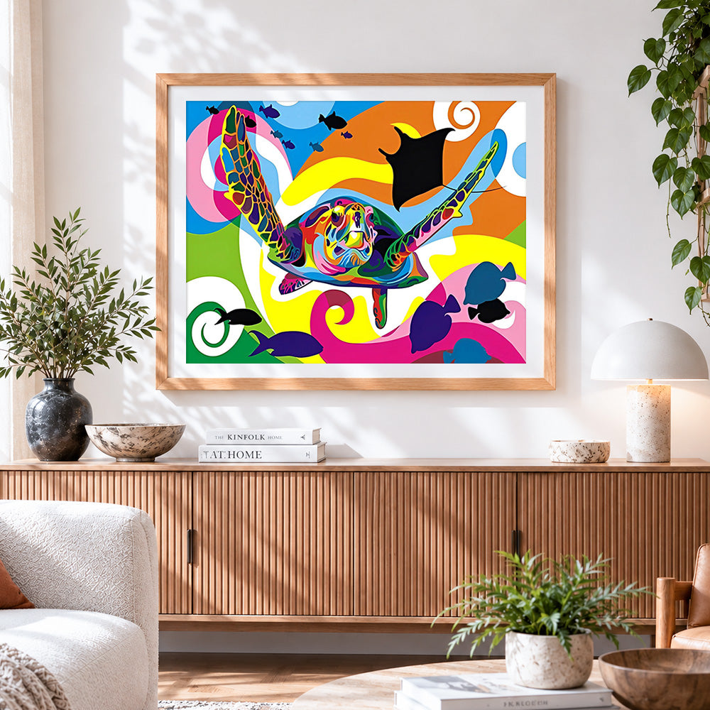 Finished colourful pop art sea turtle cross stitch artwork displayed