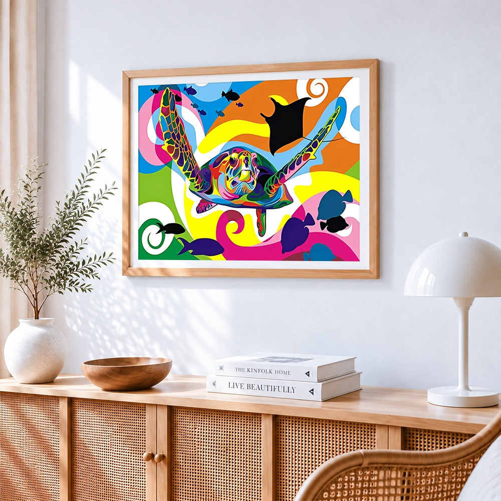 Colourful pop art sea turtle cross stitch artwork displayed on wall as home decor