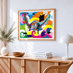 Colourful pop art sea turtle cross stitch artwork displayed on wall as home decor