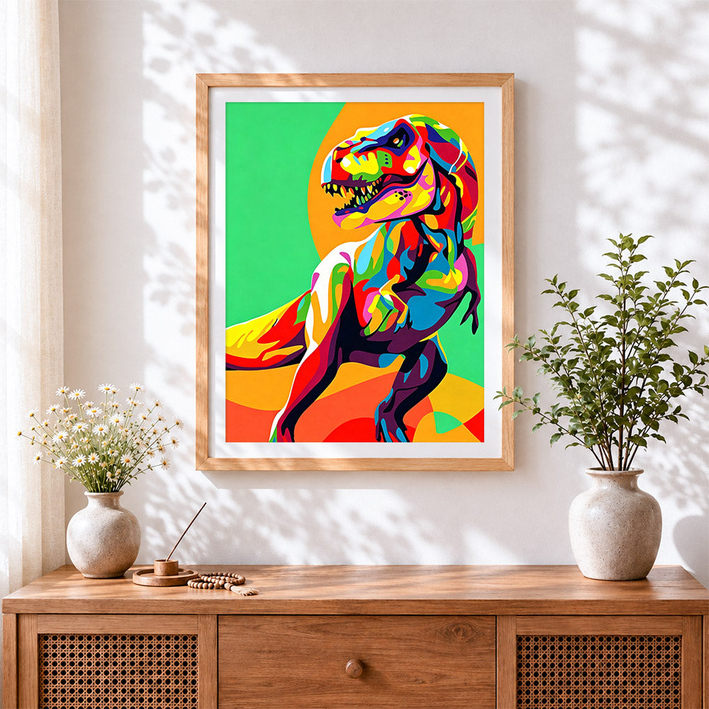 Finished colourful pop art t rex dinosaur cross stitch artwork displayed