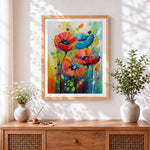 Finished colourful poppies and leaves cross stitch artwork displayed