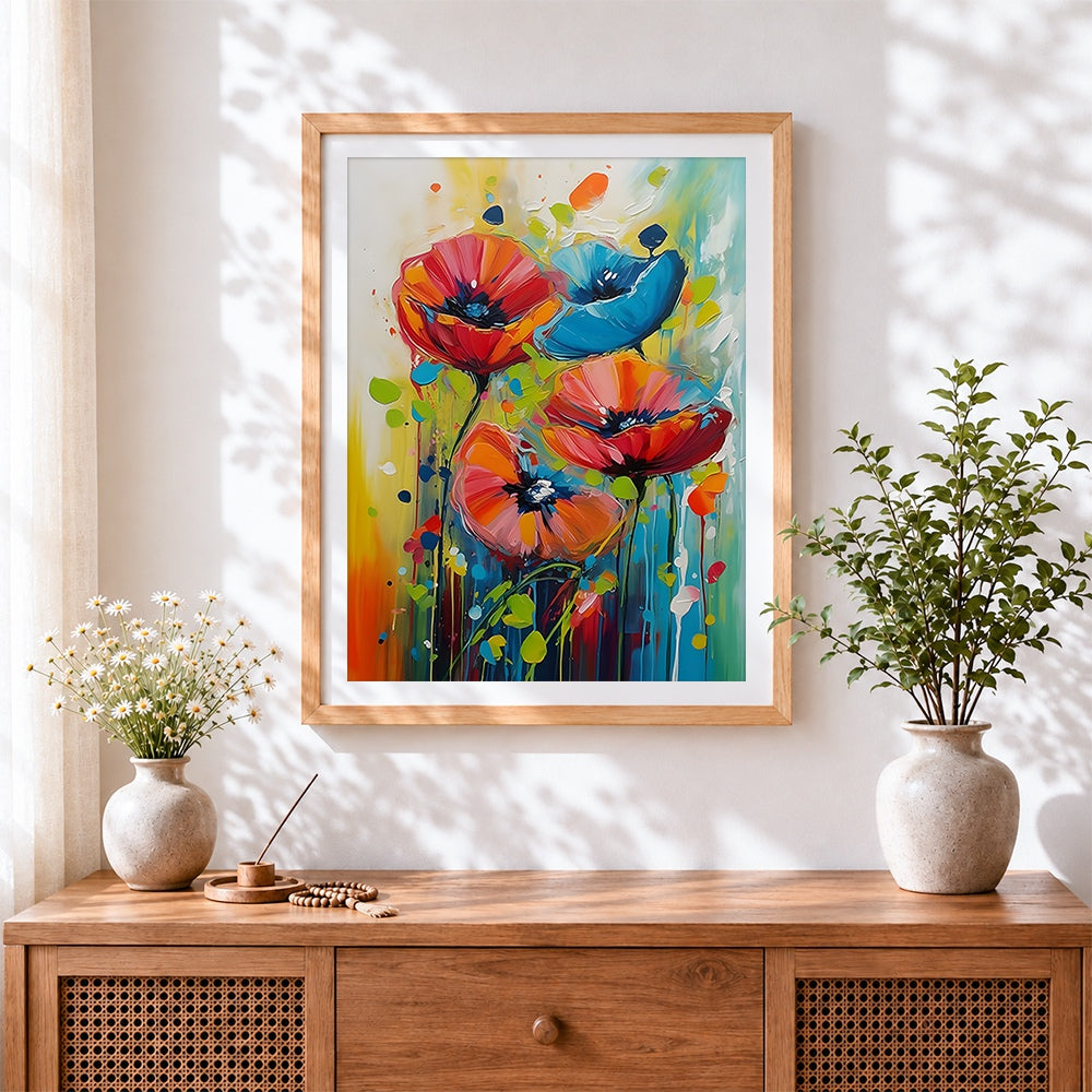 Finished colourful poppies and leaves cross stitch artwork displayed