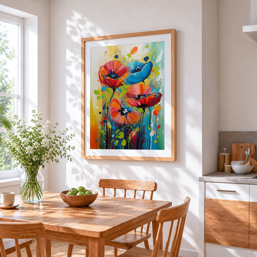 Colourful poppies and leaves cross stitch artwork displayed on wall as home decor