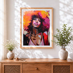 Finished colourful portrait of a woman cross stitch artwork displayed